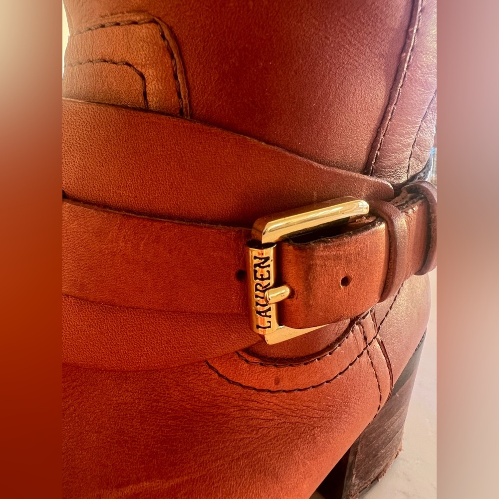 Lauren Ralph Lauren Cognac Brown Leather riding Boot with Gold Buckle Accent